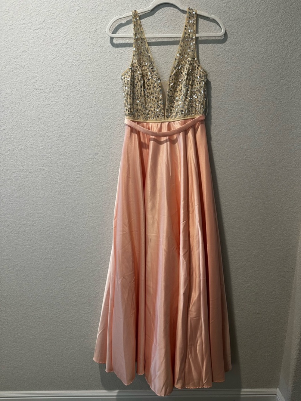 PromGirl Gold Sequin & Peach V-Neck Prom Dress